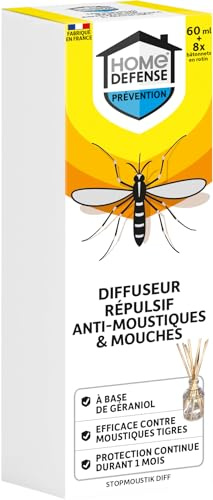 HOME DEFENSE HDSTICK - Diffuseur Répulsif avec Bâtonnets Anti-Moustique et Mouches (1 diffuseur 60 ml + 8 bâtonnets) -Produit à base de géraniol - Protection continue pendant 1 mois -Fabriqué en Fance