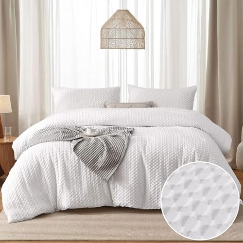 Waffle Seersucker Puckering Duvet Cover Set with 2 Pillowcases White Checkered Bedding Set with Zipper Closure,Soft Microfibre,King Size 220×230 cm
