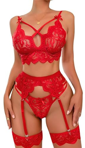 Satohom Damen Sexy Dessous Set 3 Teiliges mit Strumpfgürtel Spitze BH und Höschen Set Strapse Reizwäsche Teddy Babydoll Bodysuit mit Strumpfgürteln Hohe Taille Strapsen Dessous Ohne Strümpfe