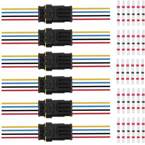 HUAZIZ 4 Polig Kabel Steckverbinder Stecker, 6 Sätze Wasserdichter Stecker Kabel Steckverbinder Stecker mit Kabel 20 AWG Marine für Auto KFZ LKW Kayak Boote Roller Motorrad, mit 30 Stück Lötverbinder
