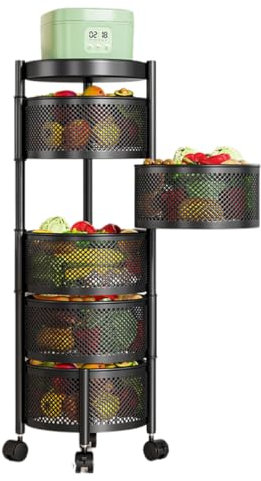 Heikoeco® Servierwagen, Küchenwagen, platzsparender Rollwagen, drehbarer Servierwagen mit Rollen, Küchenwagen auf Rollen, Bad, Küchen, Büro 5 Ebenen rund schwarz 89 * 31 * 31cm