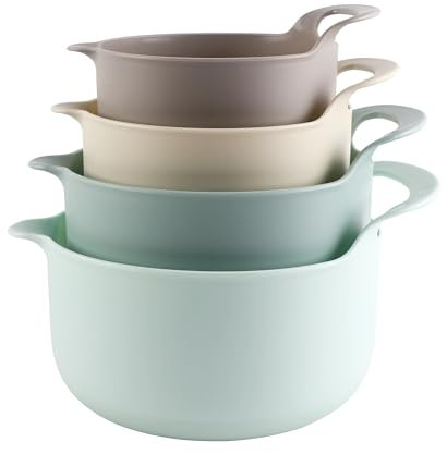 COOK WITH COLOR Non-Slip Mixing Bowls - 4 Piece Nesting Plastic Mixing Bowl Set with Pour Spouts and Handles-Measurement Markings (Ombre Mint)