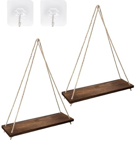 Chihutown Holz Hängeregale für Wand, 2 Stück Hängeregal Holz, Wandregal Ohne Bohren, Seil Regal, Schweberegal, Schweberegale mit Schnur, Boho Wanddeko