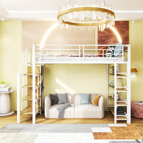 Kinderbett, erhöht, 90 x 200 cm, mit Lagertreppe, Hochbett für Kinder mit Schrank und 4 Regalböden und hohem Barriere, Einzelbett für Kinder mit Lattenrost (Weiß, 90 x 200 cm)