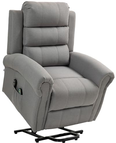 HOMCOM Fernsehsessel mit Aufstehhilfe Elektrisch Relaxsessel mit Liegefunktion, Heizfunktion, Massagesessel mit Taschenfeder, Seitentasche und Fernbedienung, Hellgrau