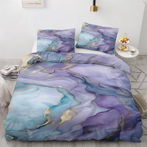 Bettwäsche 200x200 Lila Blaue Murmel Motiv - Abstrakt Bettbezug und 2 Kissenbezug 80x80, Weiche Bügelfreie Mikrofaser Deckenbezug 3teilig Set mit Reißverschluss, Wendebettwäsche & Deko M&-2937