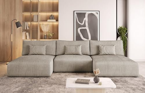 MODERNO Ecksofa mit Schlaffunktion und Bettkasten MODULO U - Wohnlandschaft U-Form Wohnzimmer - Modular Schlafsofa mit Kopfkissen - Modern Couch 315x152x80 cm - Beige - Poso 02
