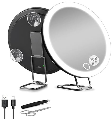 Nicoone Specchio ingranditore, 30 x specchio a mano con luce, 3 colori, con 3 ventose