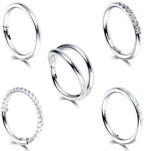 Lusofie 5Pcs 16G Hinged Nose Rings Silver Nose Rings Hoops Septum Ring Clicker CZ Tragus Cartilage Double Nose Ring Nose Body Piercing Jewelry for Women Men(8MM)