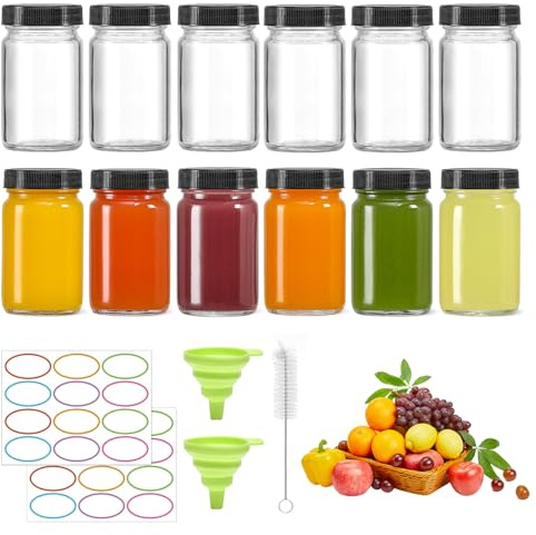 12 Pcs Small Clear Glass Bottles with Lids, 60ml Glass Shot Bottles | Portable Leakproof Glass Jars with Funnels, Stickers, Lables, Wide Mouth Shot Bottles for Ginger Shots, Juice, Liquids