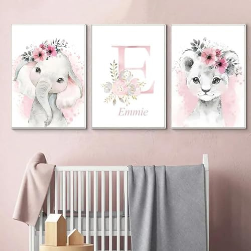 BeiYiHo Bilder Kinderzimmer Rosa Poster Tiere Kinder Bilder Personalisiert Name Wandbilder Babyzimmer Mädchen Junge Leinwand Wand Deko Baby Zimmer Kunstdrucke 30x40cm ohne Rahmen