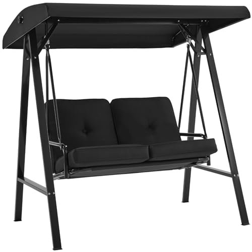 U-MAX 3 Seater Garden Swing Chair, Outdoor Hammock Bench with Adjustable Canopy Thick Padded,with Chair Side Tables Cup Trays For Garden Patio Balcony(Black)