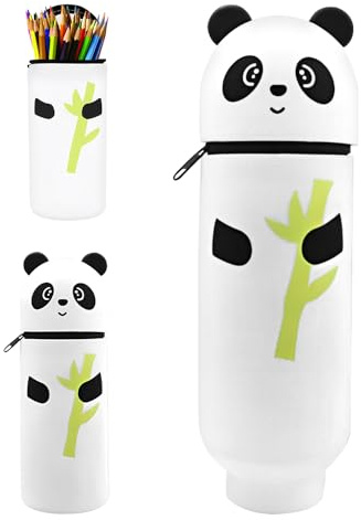 WDKXCN Trousse en Silicone Kawaii, 2 en 1 Trousse Panda Verticale, Trousse Trousse Kawaii Animaux, DIY Trousse à Crayons, pour écolière Bureau Adolescente Fille Garçon(Panda Bambou)