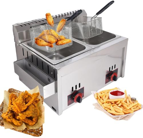 Commercial Countertop Lpg Gas Deep Fat Fryer,twin Cylinder,Deep Fat Fryer Easy Clean,with Removable Basket,Adjustable Firepower for French Fries Home Kitchen Restaurant A