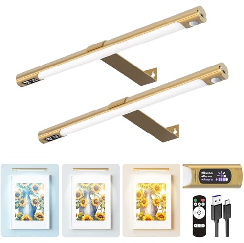 Wireless Picture Lights for Wall 2 Pack, Remote Control, 3 Color Dimming and Timer, 14in Rechargeable Art Display Light with Digital Display, Portrait Lights for Painting Frame Dartboard Gold