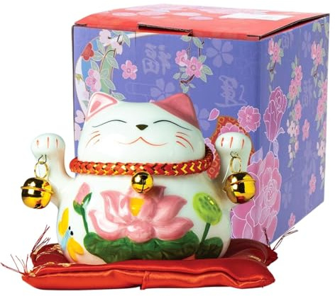 Jade Temple Maneki Neko Winkekatze Weiß-Pink, klein, Spardose, japanische Glücksbringer Katze, asiatisches Deko-Objekt, Porzellan, 10cm Höhe, 12cm Durchmesser, mit Kissen, 1 Stück in Geschenkbox