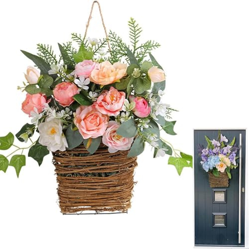Ghirlanda da appendere alla porta d'ingresso, per porta d'ingresso, con fiori selvatici e cestino da appendere alla porta, in rattan artificiale (B)