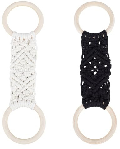 PH Pandahall 2Pcs Crochet Dish Towel Holder for Kitchen Bathroom, 11x3 Boho Macrame Cotton Towel Hanger Holder Ring Wood Loop Ring for Kitchen Cabinet, Oven, Stove Door Rag, White/Black