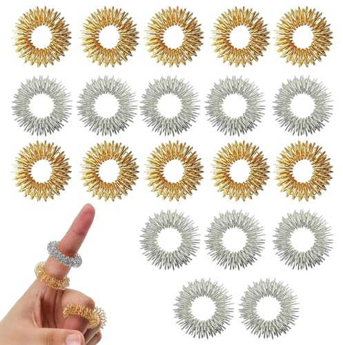 Anillos de acupresión para dedos juego de 20 unidades masaje estimulante 210 puntos plateado bienestar manos oficina hogar relajación diaria