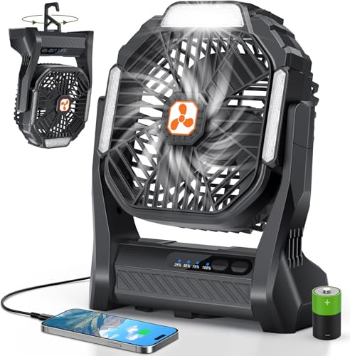 PDBEST Batteriebetriebener Ventilator 20000mAh Kabellos, Wiederaufladbarer Tragbarer Ventilator mit LED-Laterne, Tischventilator, USB-C-Akku Campingventilator für Reisen Strand Schwarz Black
