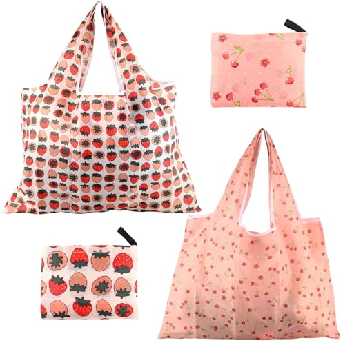 Nexlynk 2 Pcs Extra Large Reusable Grocery Bags, Foldable Shopping Bags with Handles, Cute Fruit Market Tote Bag, Lightweight Waterproof Durable Tote Bag for Daily Shopping Travel Outdoors (58x40cm)