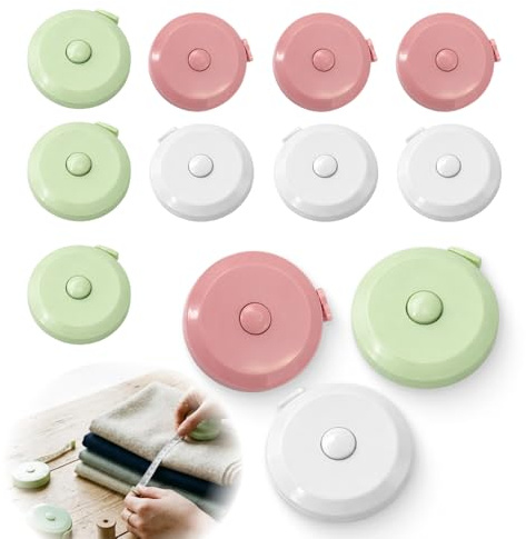 12 PCS Metre Ruban Couture 1.5m, Ruban à Mesurer Corps Souple Double Face, Mètre Ruban Automatique 3 Couleurs Rose Vert Blanc pour Couture Tailleur Fitness Mesures Corporelles