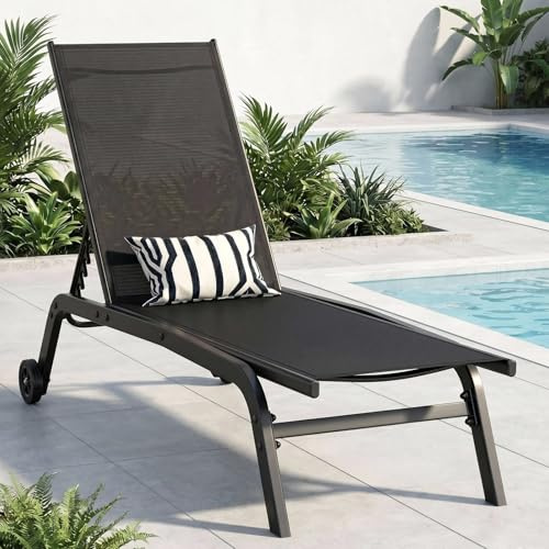 LIFERUN Sonnenliege mit Rollen, Gartenliege 1er Set, wetterfeste, 5-Fach Verstellbarer Rückenlehne, Outdoor Liegestuhl, Relaxliege bis 120kg belastbar, für Garten, Poolbereich, Balkon, Schwarz