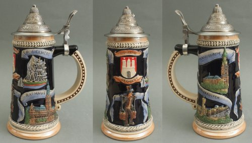 Buddel-Bini Bierkrug Hamburg Hummel 21x9 cm Bierseidel mit Zinndeckel 0,5 Liter
