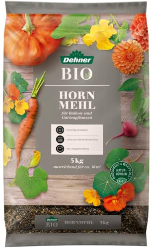 Dehner Bio Hornmehl | Naturdünger für Balkon- & Gartenpflanzen | Stickstoffdünger mit Langzeitwirkung | Langzeitdünger für Pflanzen | ökologischer Universaldünger | in Bioqualität | ca. 50 qm | 5 kg