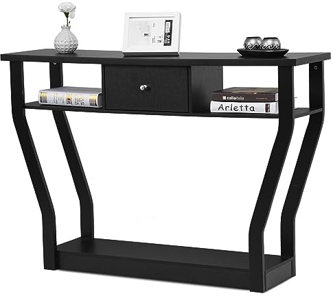 COSTWAY Tavolo Consolle in Legno, Consolle con Cassetto e Ripiani, Tavolo d'Ingresso Multiuso per Salotto, Corridoio e Entrata 120 x 30 x 81 cm (Nero)
