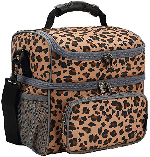 FlowFly Double Layer Cooler Insulated Lunch Bag Adult Lunch Box Large Tote Bag for Men, Women, With Adjustable Strap,Front Pocket and Dual Large Mesh Side Pockets,Leopard