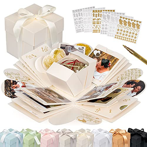 weddlyn® – Überraschungsbox – hochwertiges Papier & Verarbeitung – Explosionsbox mit modernen Stickern und Stift – DIY Box – Explosionsbox Hochzeit inkl. Anleitung – Creme weiß (glänzend)