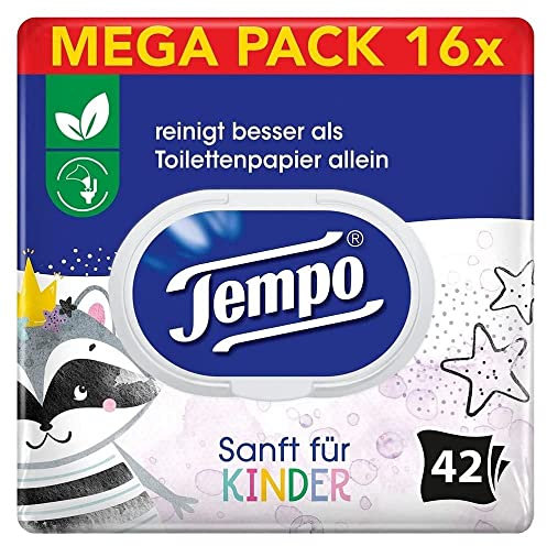 Tempo Toilettenpapier feucht für Kinder, Megapack, Designedition, 16 Packungen, 42 Tücher