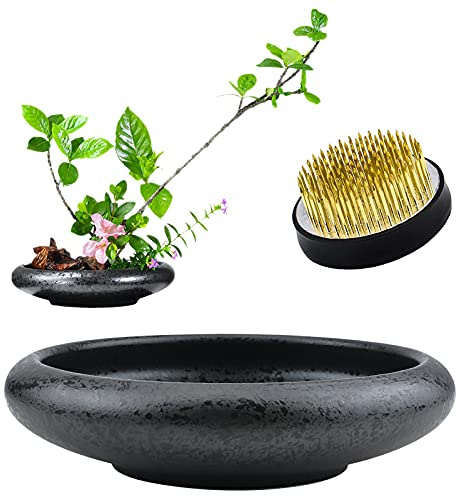 Hantverk blomsterarrangemang tillbehör, djup rund keramik Ikebana blomvas med 5 cm Kenzan blomgroda för blomsterarrangemang heminredning, svart prickig