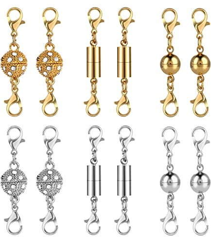 12 Stücke Magnet Schmuckverschluss, Magnetische Verschluss Kette Karabinerverschluss, Magnetische Schmuck Verschluss für Armband Halskette, Enthält Drei Stile (Strass Ball, Zylindrische, Ball Ton)