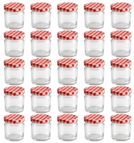 Vitrea 25x Mini Marmeladengläser 50 ml - mit Deckel Rot Kariert TO 43 - kleine Einmachgläser zum befüllen mit Schraubdeckel - Schraubgläser - leere Gläser für Marmelade - 25 Stück