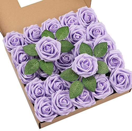 DuHouse 25 st konstgjorda rosor blommor falsk ros med stjälkar äkta touch skum blomhuvud för gör-det-själv bröllop brudbukett babyshower bordsuppsats blomsterarrangemang fest heminredning (Lilac)