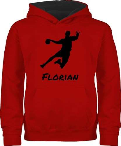 Geschenk mit Namen personalisiert by Shirtracer - Pullover Kinder Hoodie Jungen Mädchen - Geschenke Handball - Handballer Silhouette mit Name