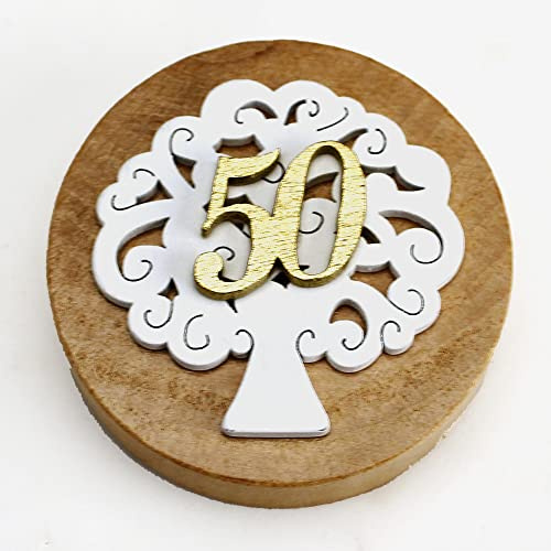 DLM 32777 (Kit 12 Pezzi) Apri Bottiglie Apribottiglie con Calamita Moderno Design Tondo in Legno + Scatolina in bambù Albero della Vita 50 Anniversario d'oro Cinquantesimo Matrimonio Nozze bomboniera