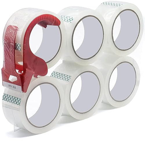 WELSTIK Cinta de embalaje con dispensador de embalaje para envasar paquetes y cajas de transporte robustas y duraderas. cinta de transporte y embalaje, 5 cm x 55 m, transparente, 6 piezas