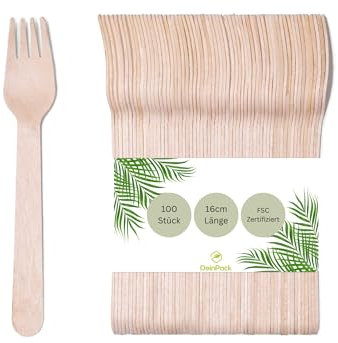 DeinPack 100 Holzgabeln Birke 16cm | biologisch abbaubar | Nachhaltiges Besteck | Einwegbesteck | Holzbesteck