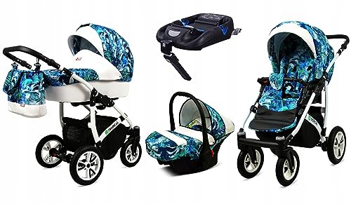 BabyLux® Kinderwagen Set 4 in 1 - Tropical - incl. Babywanne, Buggy Sportsitz, Auto-Babyschale, ISOFIX-Basisstation - Autositz - Kinderwagenset - Kombikinderwagen mit Wickeltasche usw.