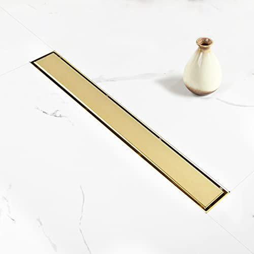 Elefloom Desagüe de ducha lineal, drenaje dorado de 18 pulgadas con inserto de azulejos, panel 2 en 1, drenaje de piso de ducha dorado de acero inoxidable 304 cepillado, drenaje lineal con colador de