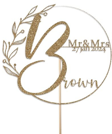 Personalised Wedding Cake Topper by KreateSquare - Glitter Customised With Any Name & Date – Mr and Mrs Rustic Design - Cake Decoration For Wedding - Custom Colours (Gold)