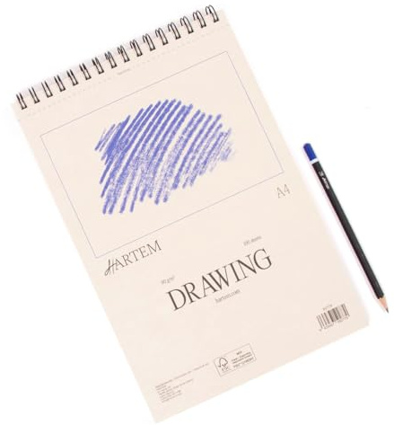 Hartem - Blocco da disegno per artisti, A4 Sketchbook 90 g/m², 100 fogli/200 pagine rilegate a spirale, 21 x 29,7 cm, Blocco per schizzi, matita in grafite 2B