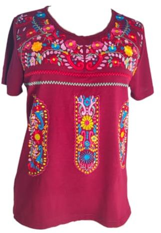 MAVIS LAVEN Chemise d'été bohème à broderies mexicaines, mi-manches, col v, tunique, 1 vin rouge, Large