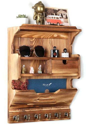 NineLan Schlüsselhalter für Wand, Schlüsselhalter, Eleganter Wandmontage, Mail Organizer, Schlüssel und Post Halter für Wand mit Aufbewahrungsschubladen & 6 Schlüsselhaken, Kiefernholz Vintage Braun