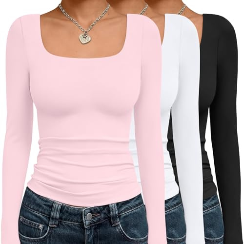 AUTOMET 3 Pack Womens Long Sleeve Shirts Fall Fashion Scoop Neck Crop Tops Basic Layer Slim Fit Y2K Clothes Black White Pink S