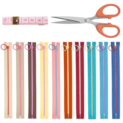 Glarks 12pcs 20cm/7.87in Nylon Harz Reißverschluss mit anhebendem Ring Pull Set, 10 Farben Spule Reißverschluss Close End mit Zink Legierung Ring Puller und Schere, weiches Band Maß Kit