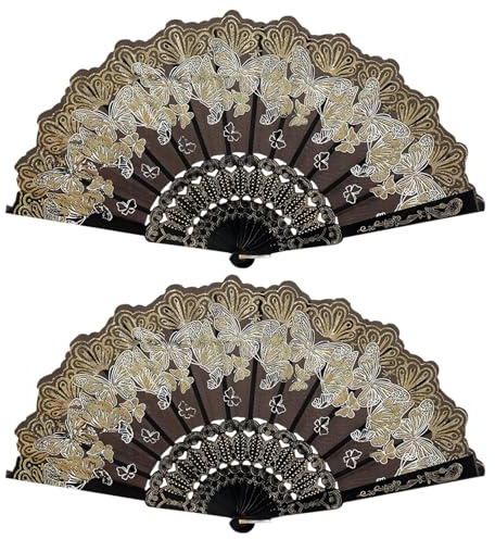 Butterfly Pattern Folding Fans, 2 Pcs - Black Lace Chinese Silk Fabric Handheld Fan for Wall Decoration, Dancing, Wedding, Festival, Party Gift